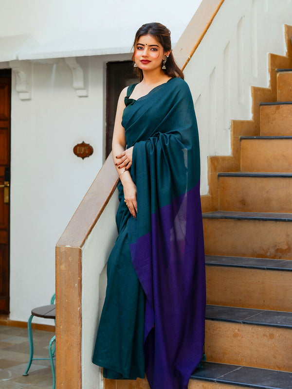 Zibaa Hand-Dyed Mul Cotton Peacock Green Saree with Tassels