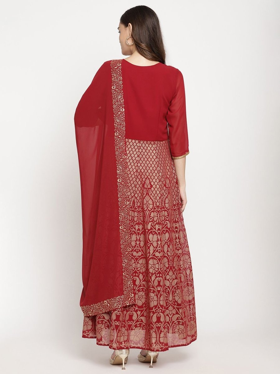 Ahalyaa Women's Maroon Georgette Gold Foil Print Flared Kurta With Dupatta