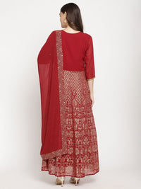 Thumbnail for Ahalyaa Women's Maroon Georgette Gold Foil Print Flared Kurta With Dupatta