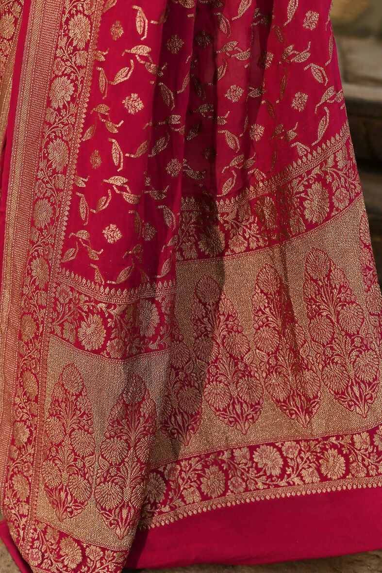 Joban Fashion Hot Pink Crepe Chiffon Banarasi Pure Handloom Banarasi Silk Saree