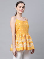 Thumbnail for Ahalyaa Women Mustard Pure Cotton Porcian Print Shoulder Straps Tunic - Distacart