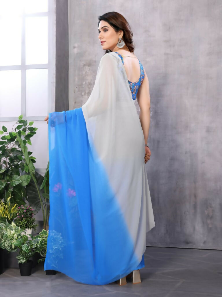 Partywear Designer White & Sky blue Georgette Fancy Saree - Satrangi - Distacart