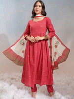 Thumbnail for Vishudh Embroidered Thread Work Pure Cotton Kurta with Trousers & Dupatta - Distacart