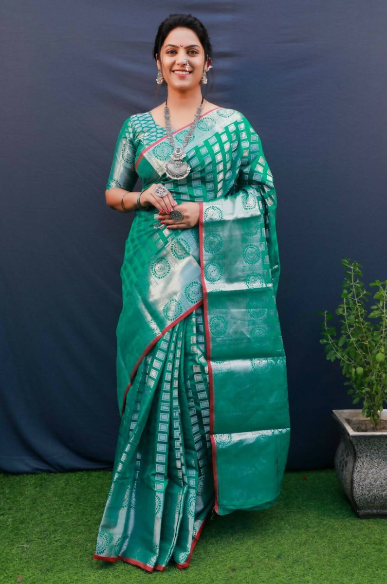 Aastha Fashion Teal Woven Kanchipuram Silk Saree with Blouse - Distacart