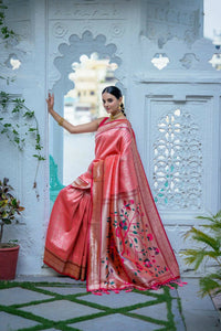 Thumbnail for Aastha Fashion Peach Woven Kanjivaram Silk Saree with Blouse - Distacart