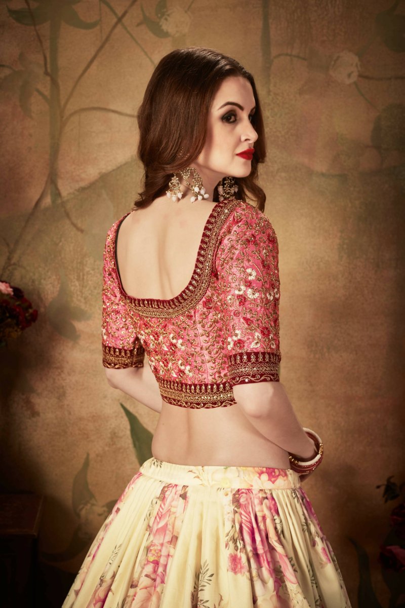 Aastha Fashion Women's Delightful Beige-Peach Floral Print Organza Wedding Wear Lehenga Choli - Distacart