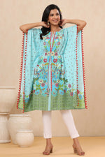 Thumbnail for Juniper Sky Blue Floral Printed Calf-Length Rayon Kaftan. - Distacart