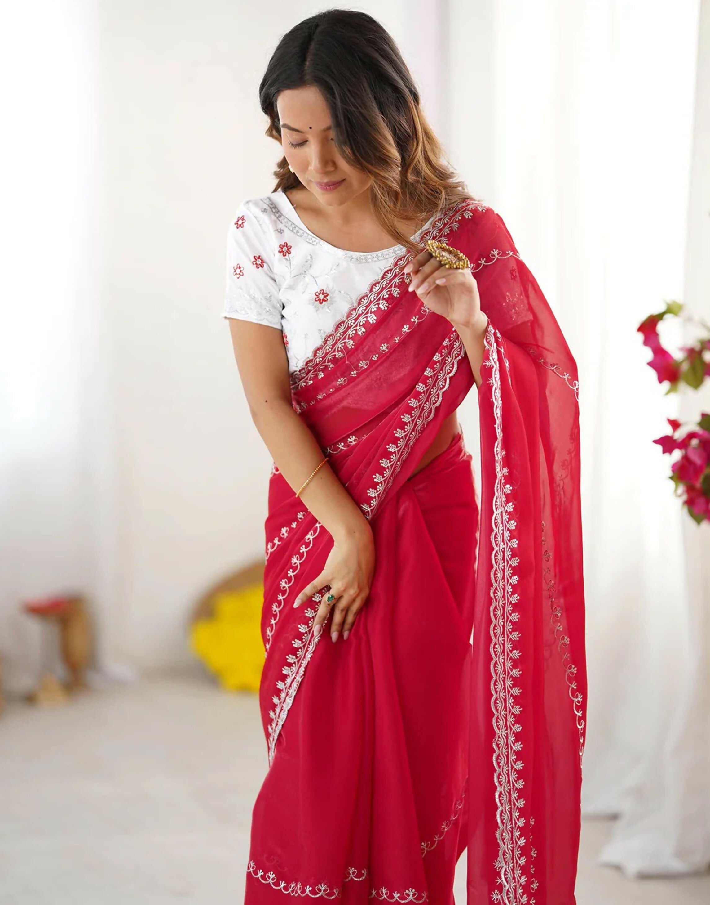 Joban Fashion Tissue Silk Red & Silver Embroidery Saree