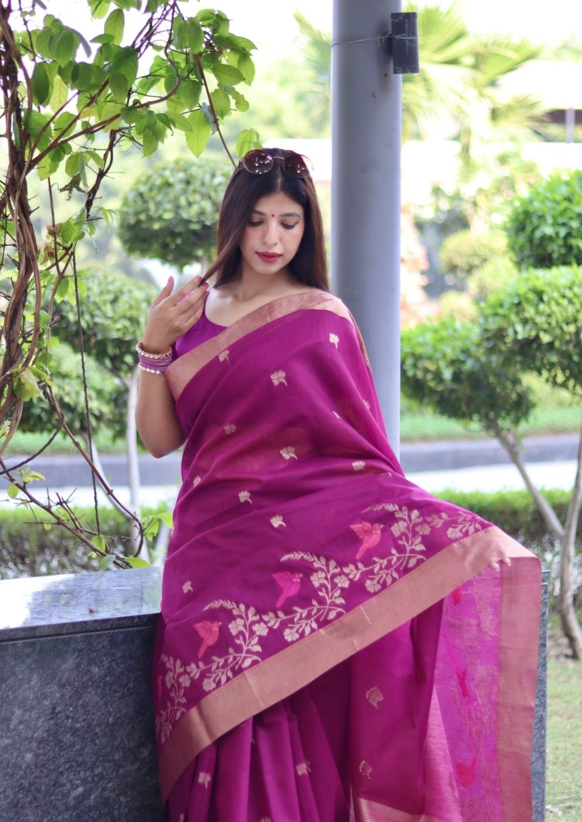 Aastha Fashion Wine Thread Woven Cotton Silk Saree with Blouse - Distacart