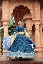 Thumbnail for Vastranavya Navaratri Collection Myra Silk Lehenga & Blouse With Maslin Crochet Printed Dupatta Set - Turquoise - Distacart