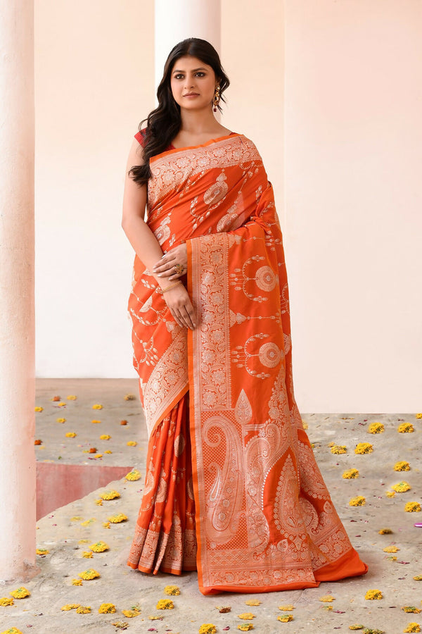 Joban Fashion Orange Banarasi Soft Pure Handloom Banarasi Silk Saree