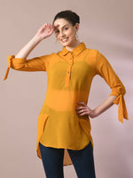 Thumbnail for Myshka Women's Yellow Solid Georgette Longline Party Sheer Tunic - Distacart
