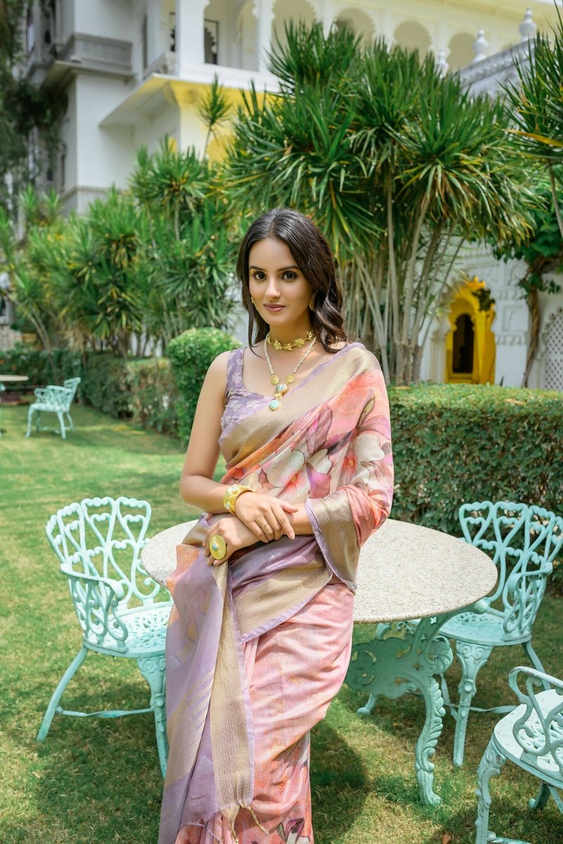 Aastha Fashion Peach Digital Printed Cotton Saree with Blouse - Distacart