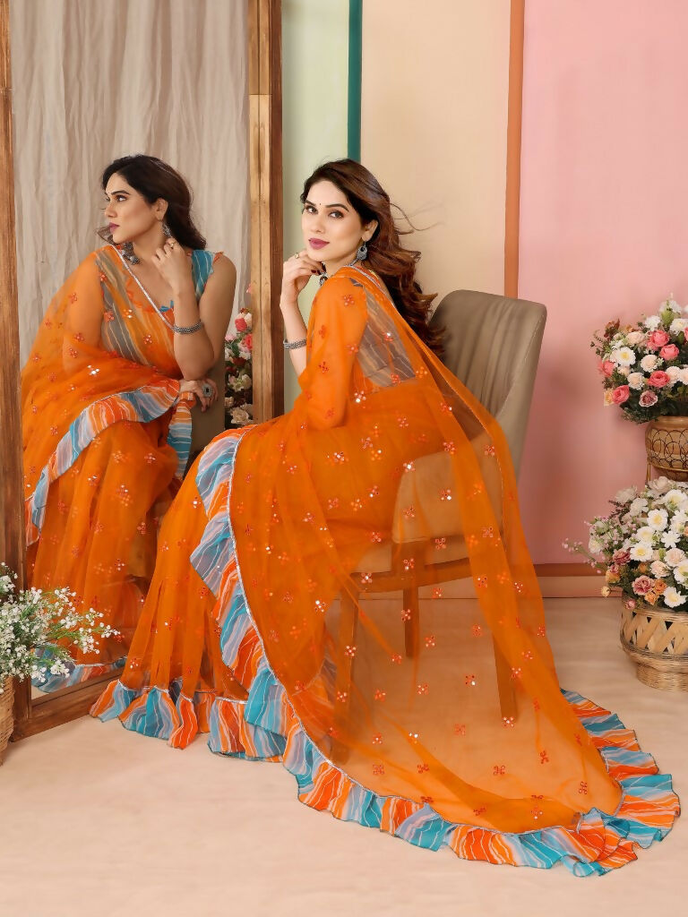 Partywear Designer Orange Net Fancy Saree - Dyuti