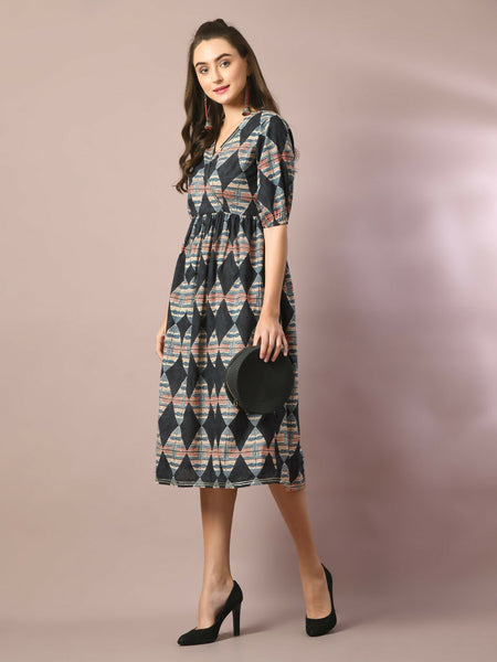 Myshka Women's Multi Printed Cotton V-Neck Empire Party Dress - Distacart