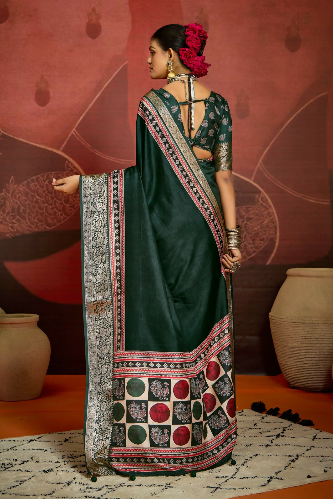 Joban Fashion Green Art Silk With Fine Viscose Border Ajrak Full Body Print With Soft Finish Saree
