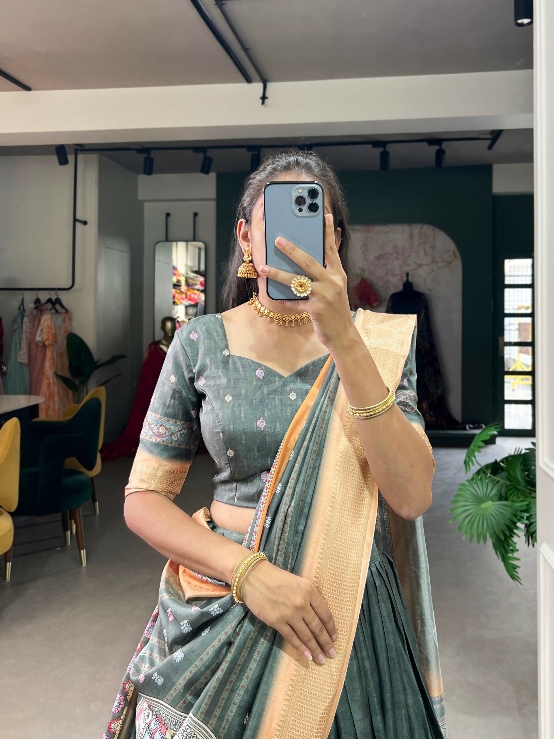 Vastranavya Kalamkari Print With Weaving Border Lehenga with Unstitched Blouse - Grey - Distacart