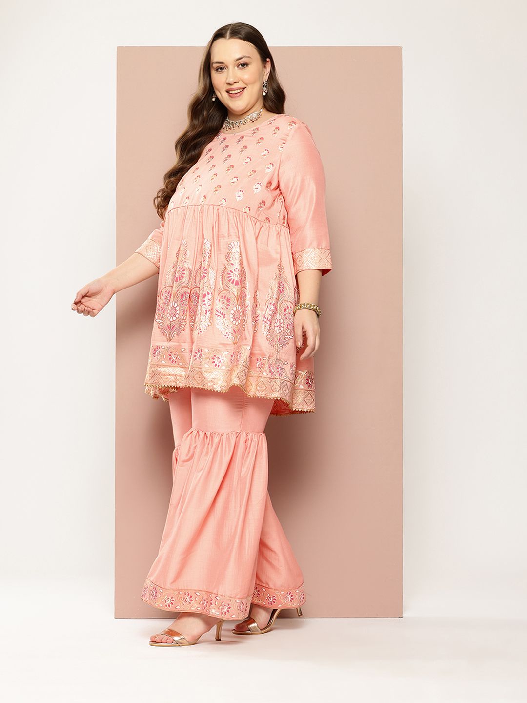 Sztori Plus Size Ethnic Motifs Printed Gotta Patti Empire Kurta with Sharara - Distacart