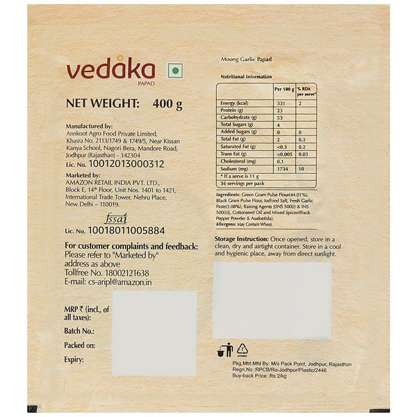 Vedaka Moong Garlic Papad - Distacart