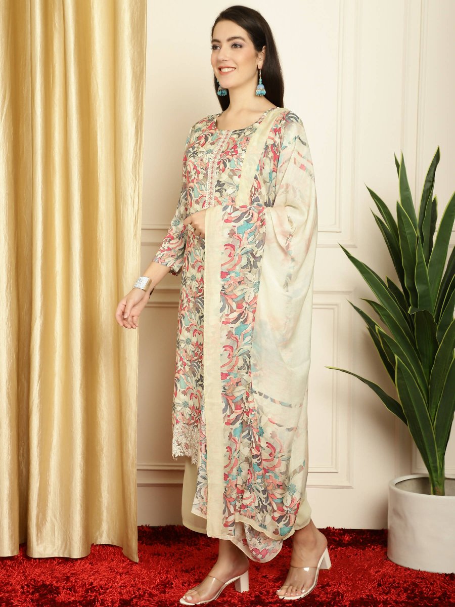 Aastha Fashion Women's Multicolor Muslin Digital Printed with Embroidered Lace work Kurta with Trouser & Dupatta - Distacart