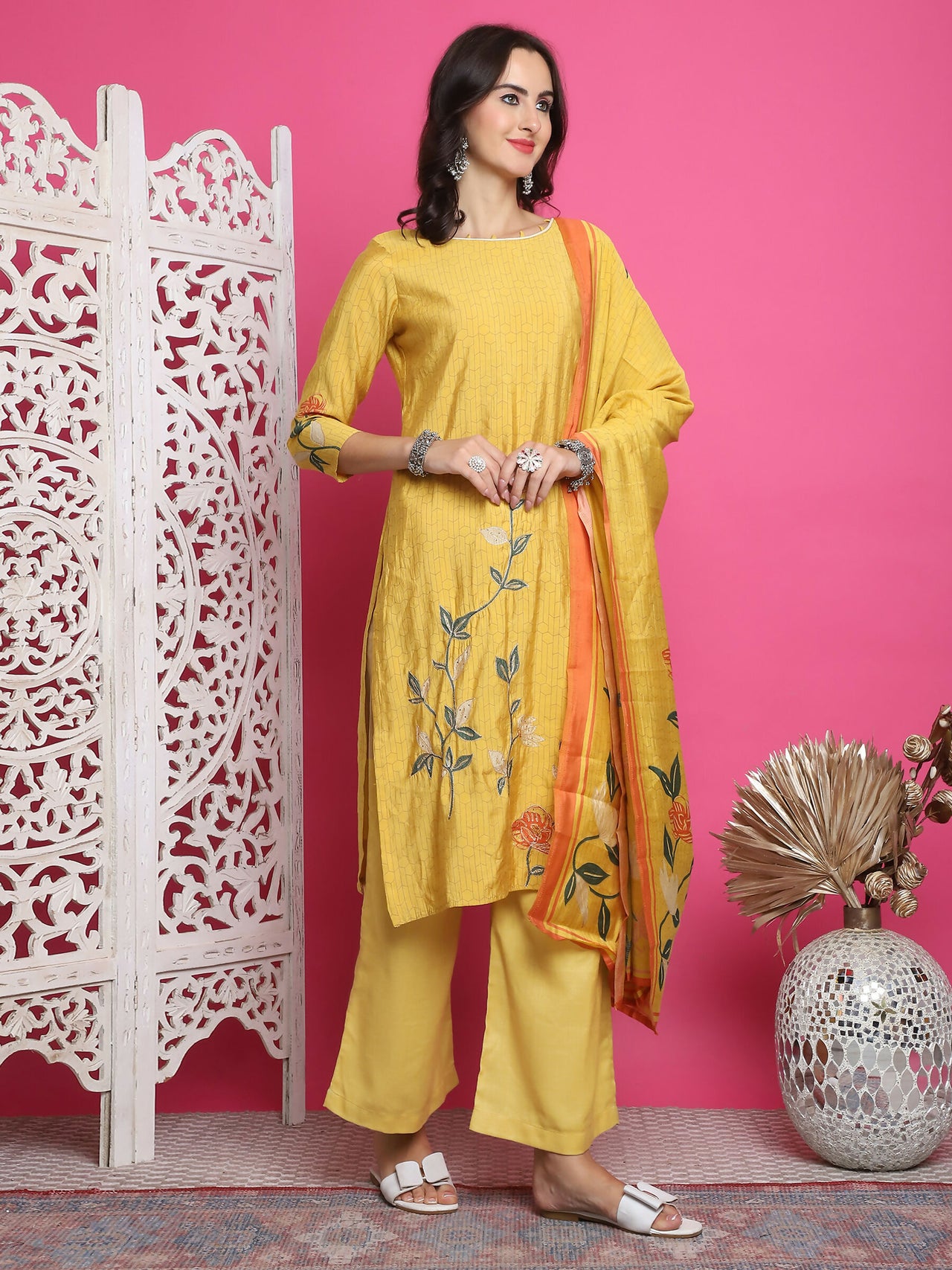 Jyoti Fashion Women's Yellow Muslin Floral Print with Jari & Crystal work Kurta with Trouser & Dupatta