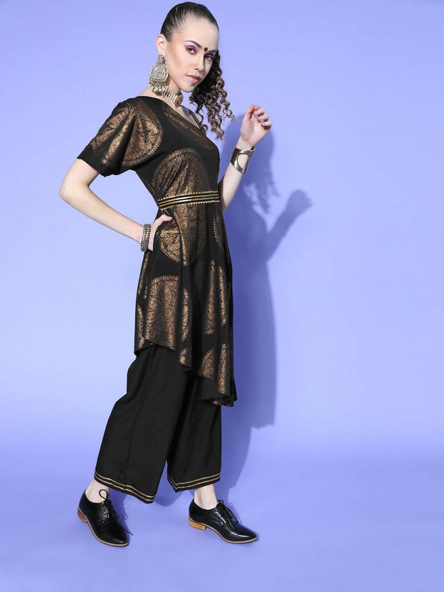 Ahalyaa Women Black Colour Crepe Printed Top Palazzo Set - Distacart