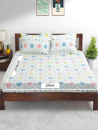 Thumbnail for Chumbak White & Blue Ethnic Motifs 136 TC Cotton 1 Queen Bedsheet with 2 Pillow Covers - Distacart