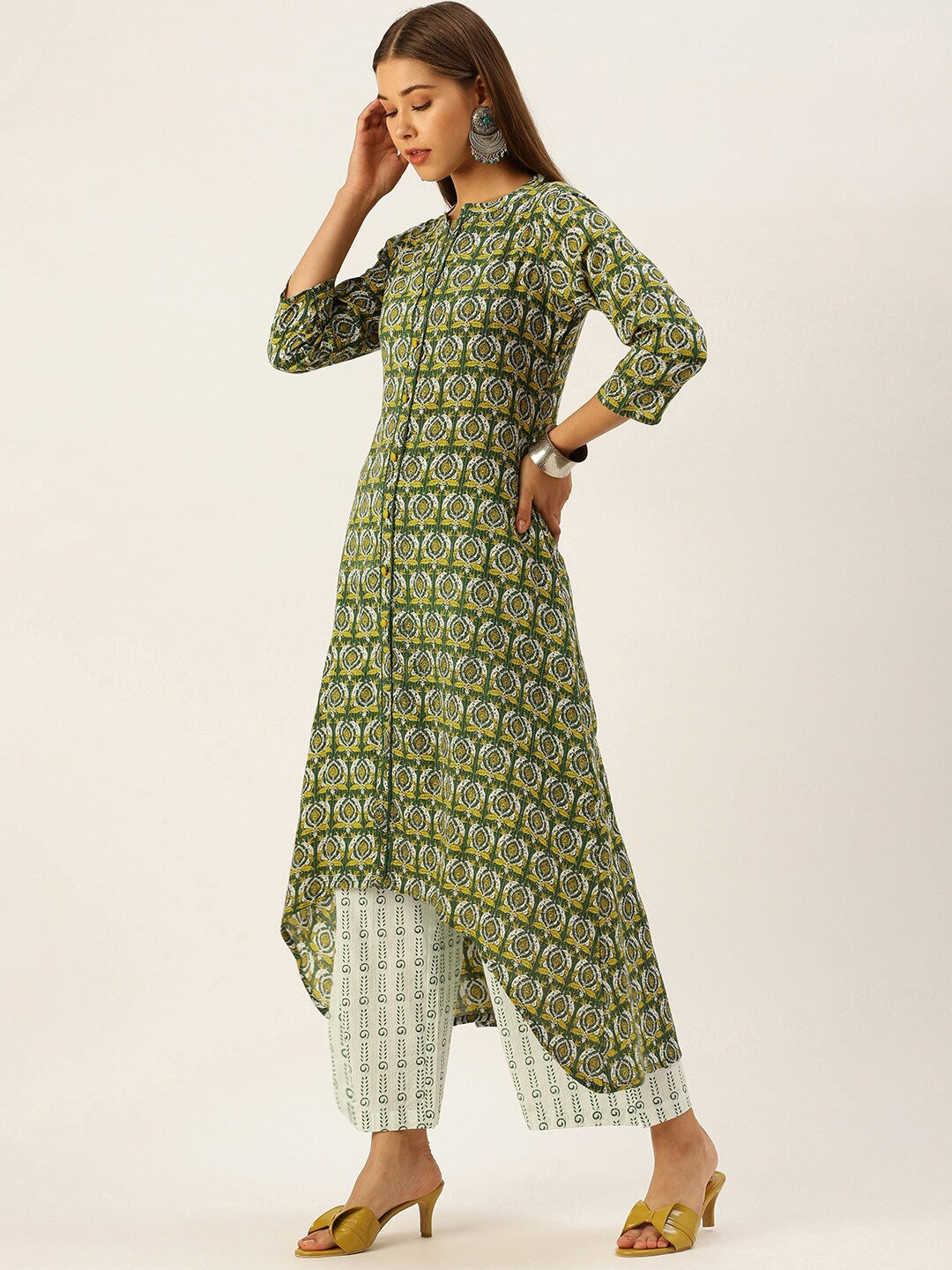 HERE&NOW Women Ethnic Motifs Printed Empire Pure Cotton Kurta with Palazzos & With Dupatta - Distacart