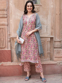 Thumbnail for Sangria Peach-Coloured Ethnic Motifs Printed Pure Cotton Kurta with Trousers & Dupatta - Distacart