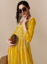 Thumbnail for HERE&NOW Ethnic Motifs Embroidered Chikankari Georgette Anarkali Kurta - Distacart