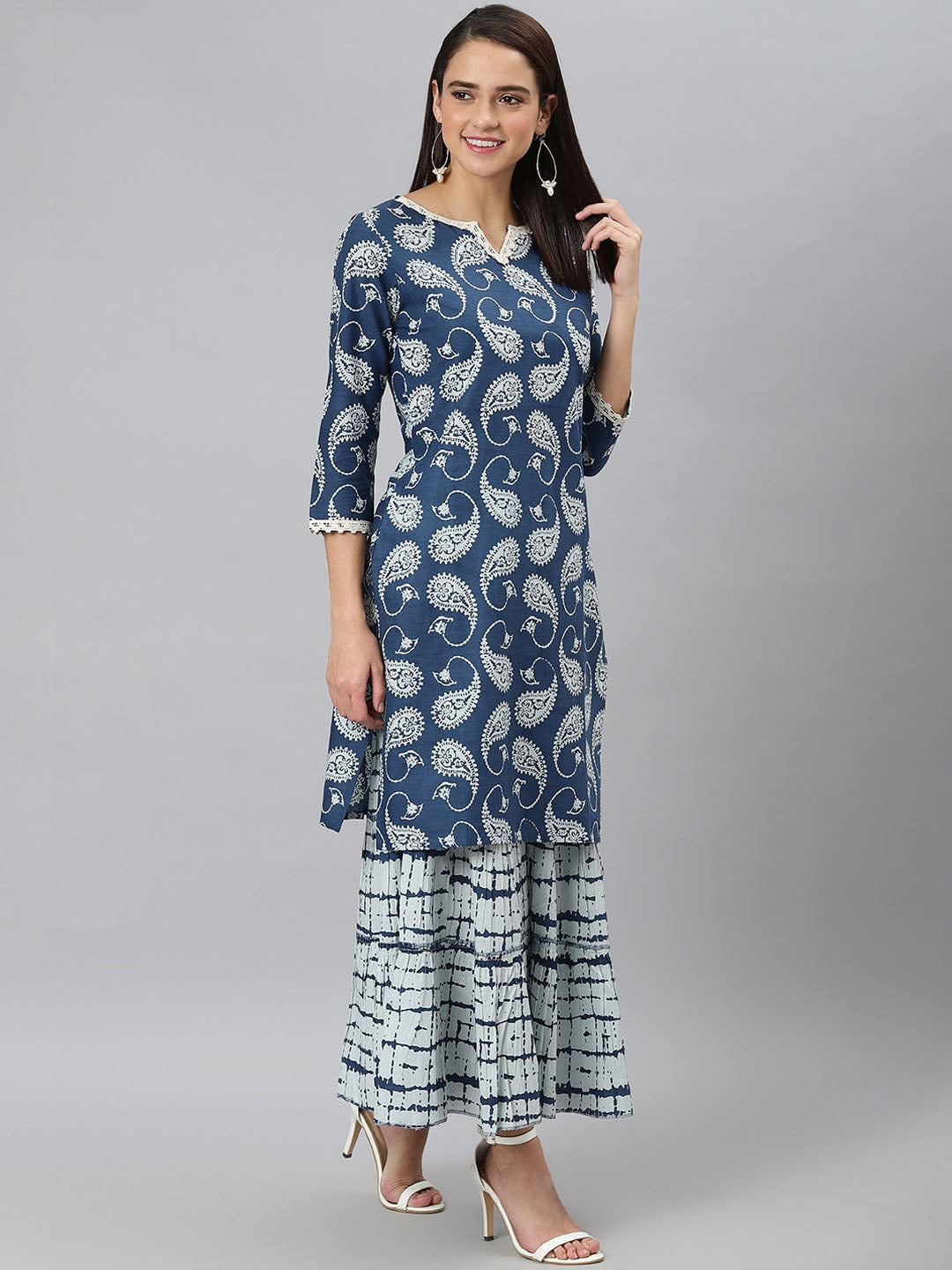 Khushal K Paisley Printed Notch Neck Pure Cotton Kurta with Sharara - Distacart