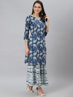Thumbnail for Khushal K Paisley Printed Notch Neck Pure Cotton Kurta with Sharara - Distacart