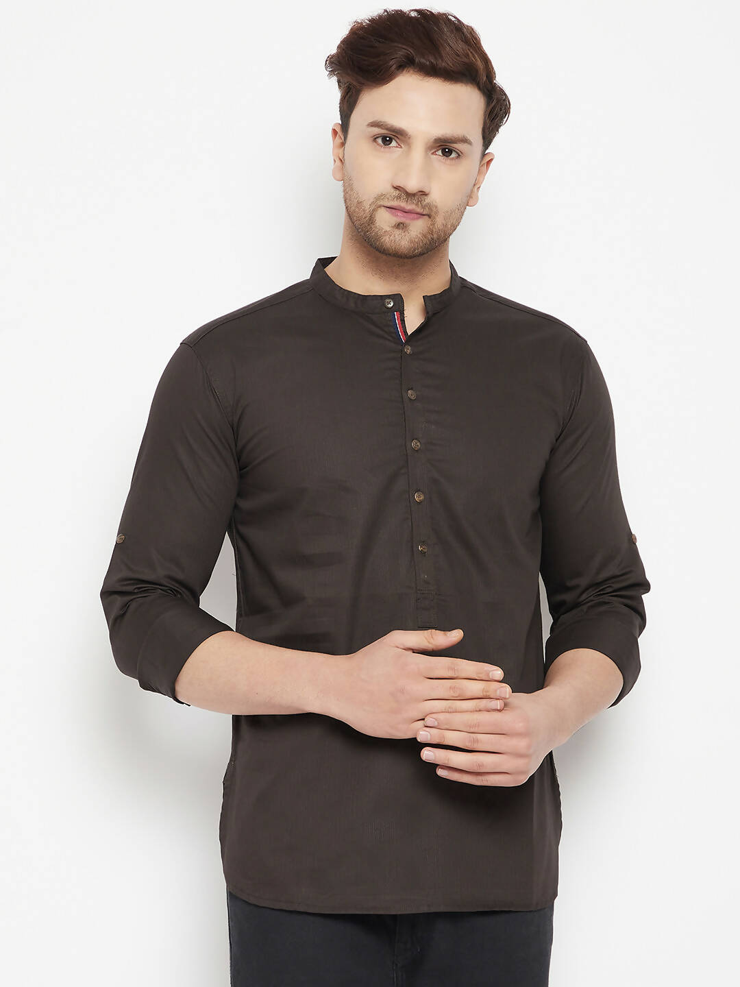 Even Apparels Brown Pure Cotton Long Men's Kurta With Band Collar - Distacart