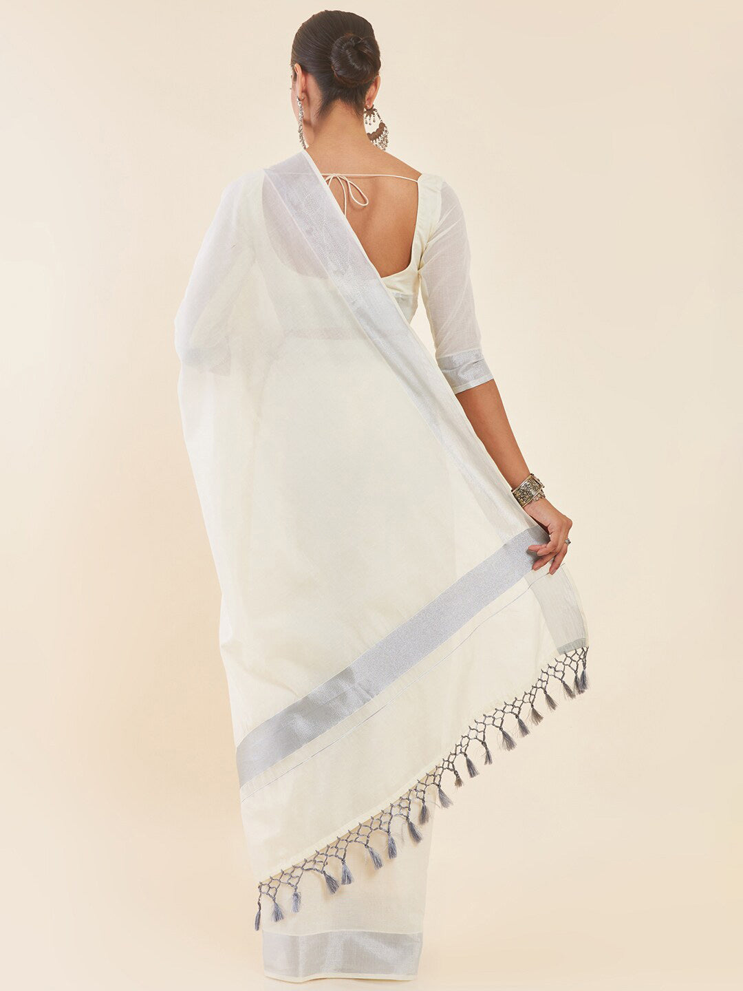 Soch Off-White & Silver-Toned Zari Pure Cotton Kasavu Saree - Distacart