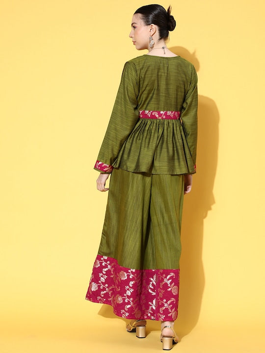 InWeave Women's Olive Pink Brocade Mughal Shaan Kurta Palazzo Set - Distacart