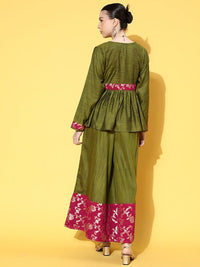 Thumbnail for InWeave Women's Olive Pink Brocade Mughal Shaan Kurta Palazzo Set - Distacart