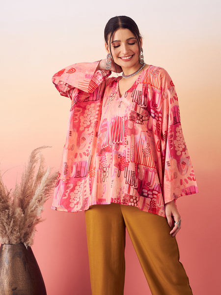 InWeave Women's Peach Red Digital Print Kaftan Boho Top - Distacart