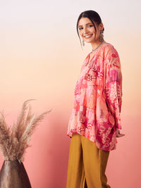 Thumbnail for InWeave Women's Peach Red Digital Print Kaftan Boho Top - Distacart