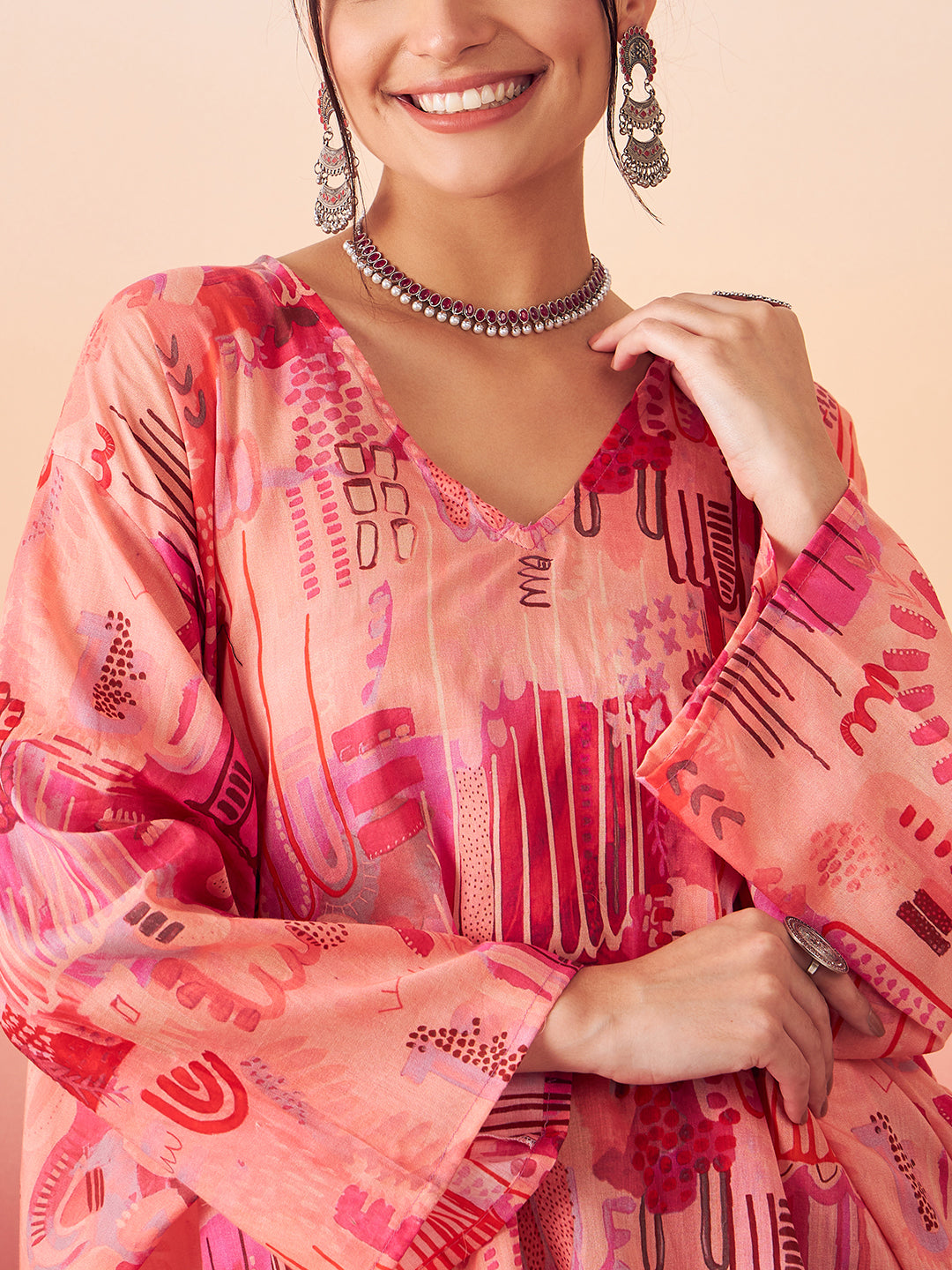 InWeave Women's Peach Red Digital Print Kaftan Boho Top - Distacart