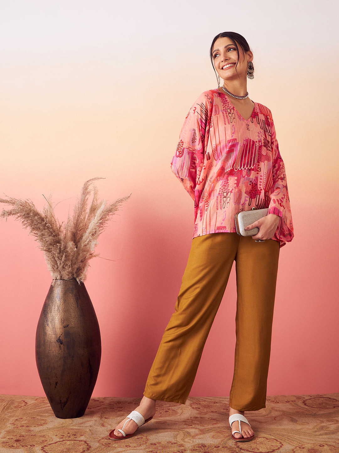 InWeave Women's Peach Red Digital Print Kaftan Boho Top - Distacart
