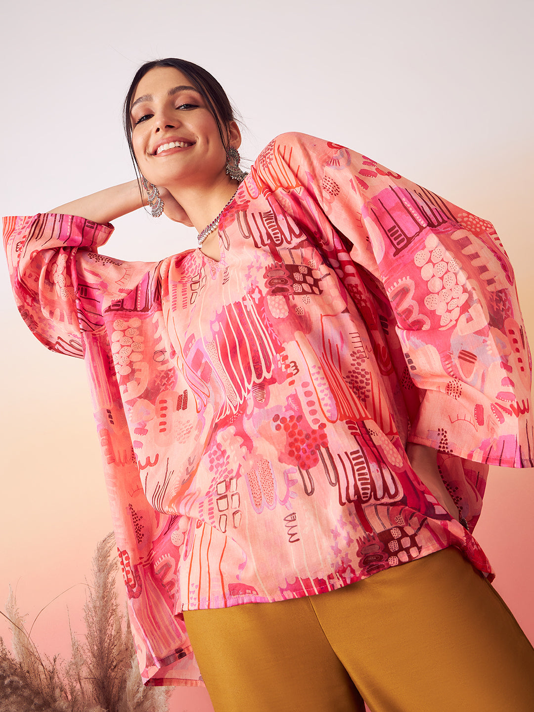 InWeave Women's Peach Red Digital Print Kaftan Boho Top - Distacart