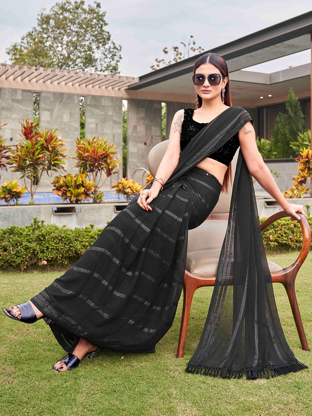 Tikhi Imli Black Striped Sequinned Saree - Distacart