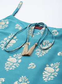Thumbnail for Sangria Women Blue & Golden Ethnic Motifs Printed Kurta with Sharara & Dupatta - Distacart