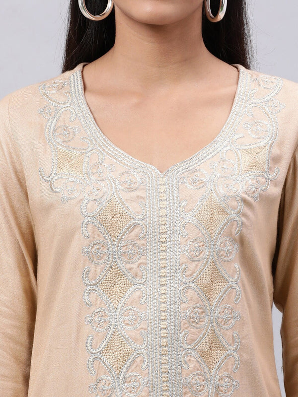 Souchii Beige & shifting sand Thread Work Grandeur & Majestic Artwork Kurta - Distacart