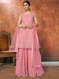 Thumbnail for Myra Pink Georgette Embroidered Designer Suit - Distacart