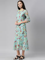 Thumbnail for Souchii Blue Floral Printed Chiffon A-Line Midi Dress - Distacart