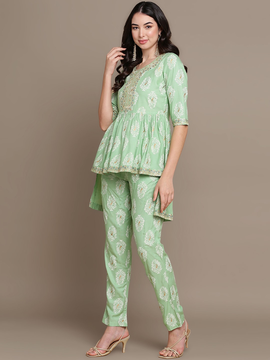 HERE&NOW Ethnic Motifs Embroidered Thread Work Sequinned High-Low Kurti with Trousers - Distacart