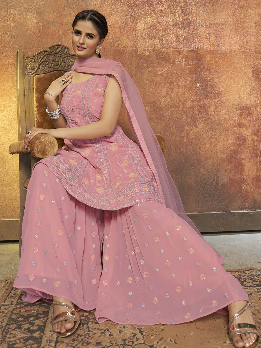 Myra Pink Georgette Embroidered Designer Suit - Distacart