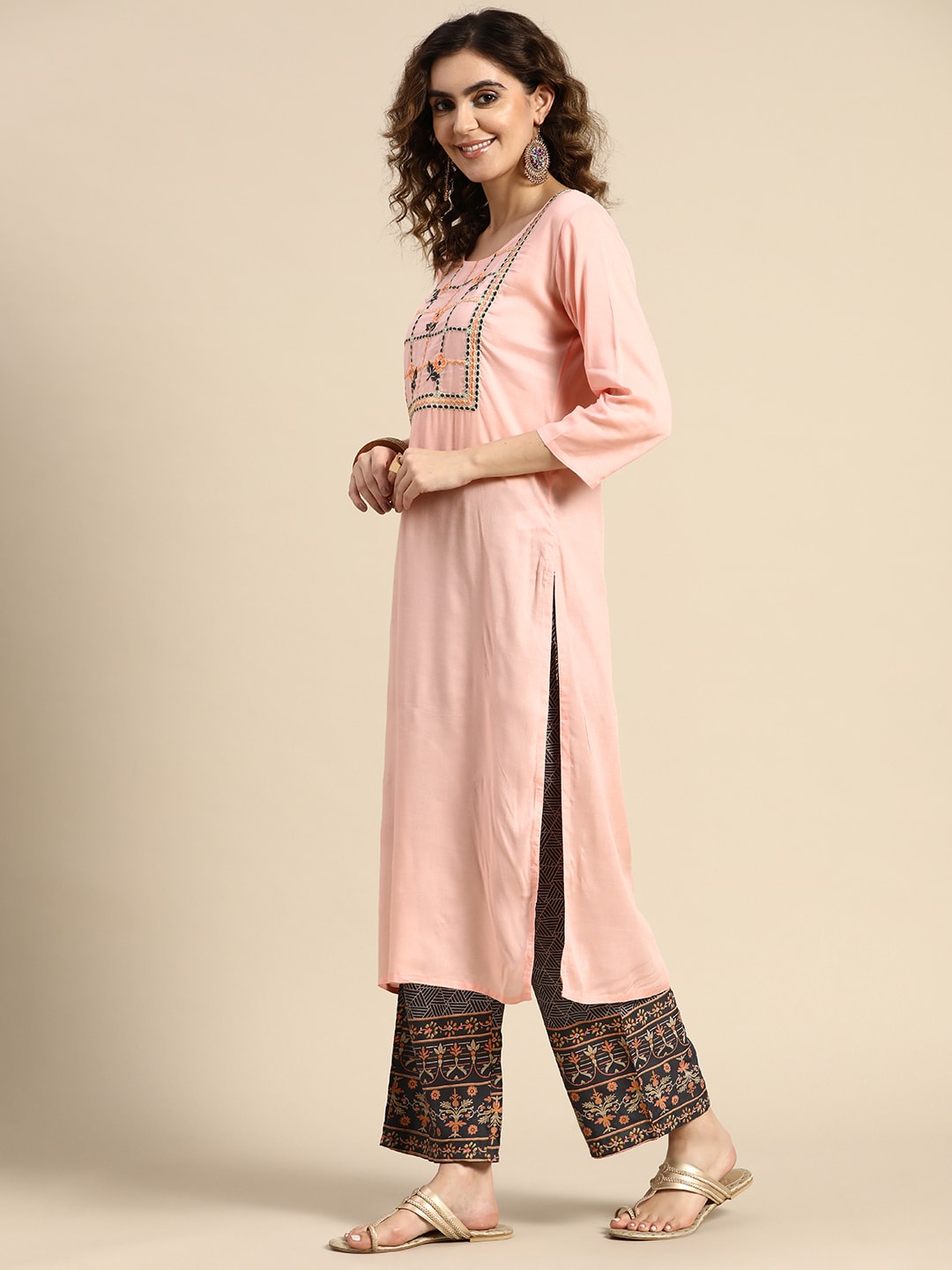 Sangria Women Floral Embroidered Thread Work Chanderi Silk Kurta With Palazzos & Dupatta - Distacart