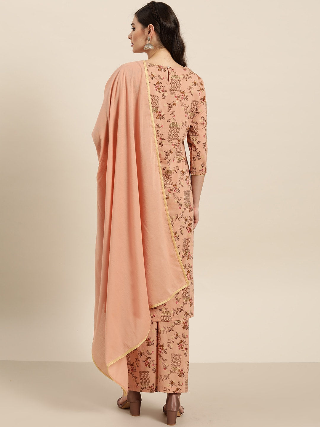 Sangria Women Dusty Pink & Brown Pure Cotton Printed Kurta with Palazzos & Dupatta - Distacart